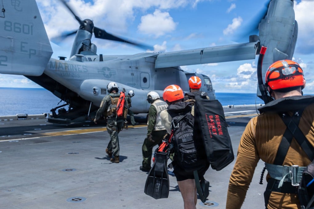 US Navy sailors load onto an MV-22B Osprey during an exercise aboard the forward-deployed amphibious assault ship USS Tripoli on March 26.
The Tripoli arrived in the Middle East last week. Photo: Handout