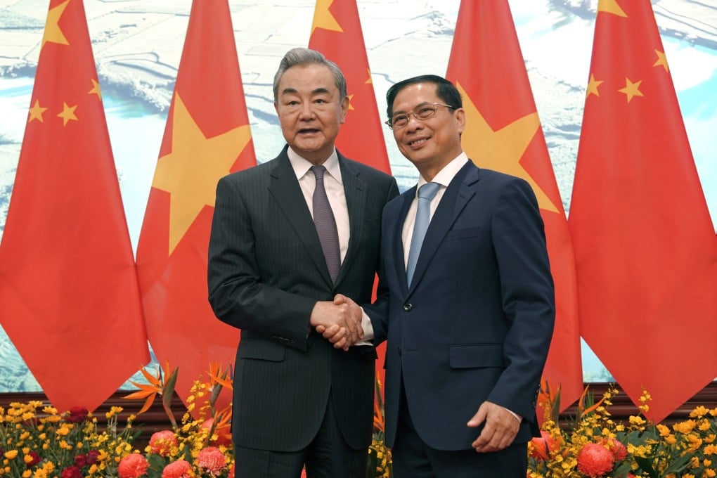 Chinese Foreign Minister Wang Yi with Vietnamese counterpart Bui Thanh Son, in Hanoi on March 17. They co-chaired a meeting on bilateral cooperation. Photo: Xinhua