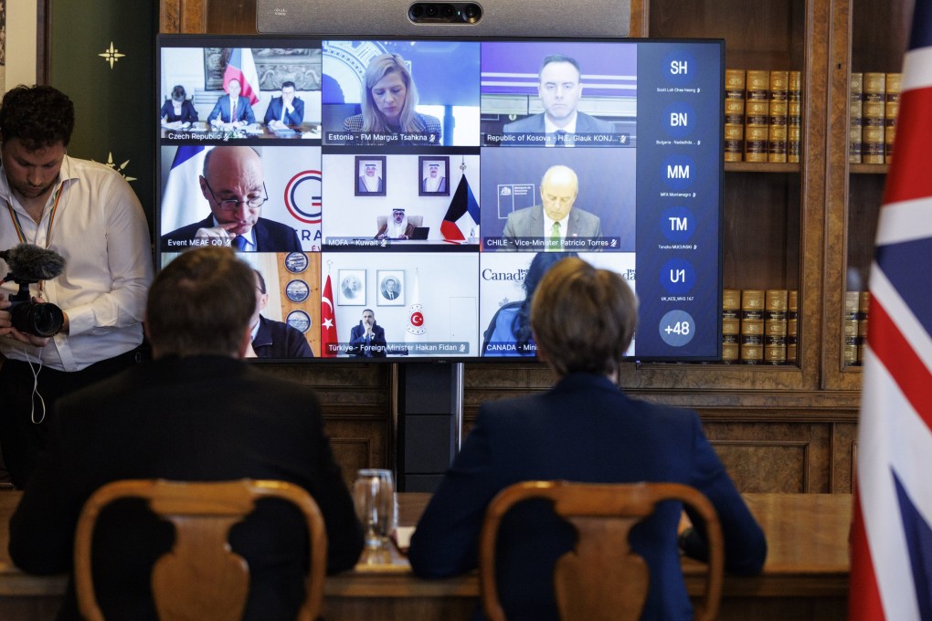 British Foreign Secretary Yvette Cooper hosts a virtual meeting with foreign ministers. Photo: EPA