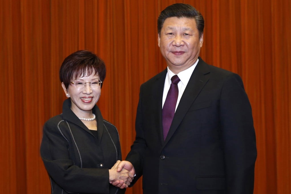 The Kuomintang’s then-chairwoman Hung Hsiu-chu with Communist Party leader Xi Jinping, in Beijing in 2016. Photo: Xinhua