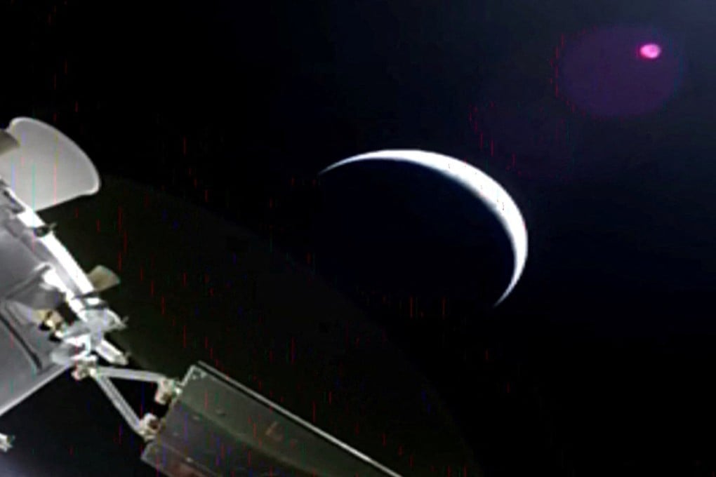 The Artemis II mission’s Orion capsule leaves Earth on its way to fly by the moon on Wednesday. Photo: Nasa TV via Reuters