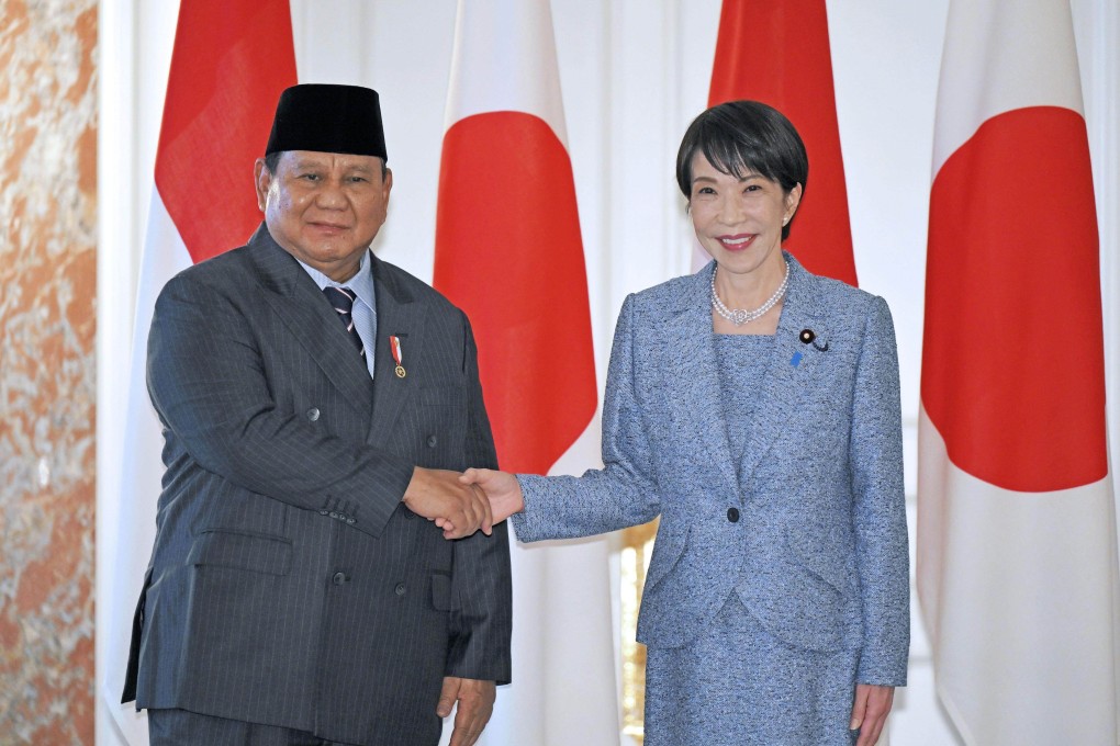 Japanese Prime Minister Sanae Takaichi meets Indonesian President Prabowo Subianto in Tokyo on Tuesday. Prabowo has invited Japan to develop Indonesia’s nuclear and renewable energy. Photo: Kyodo