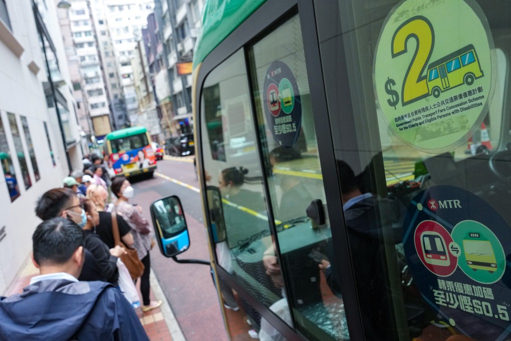 A sticker advertising Hong Kong’s HK$2 transport concessionary scheme is displayed on a minibus in Causeway Bay. Photo: Jelly Tse