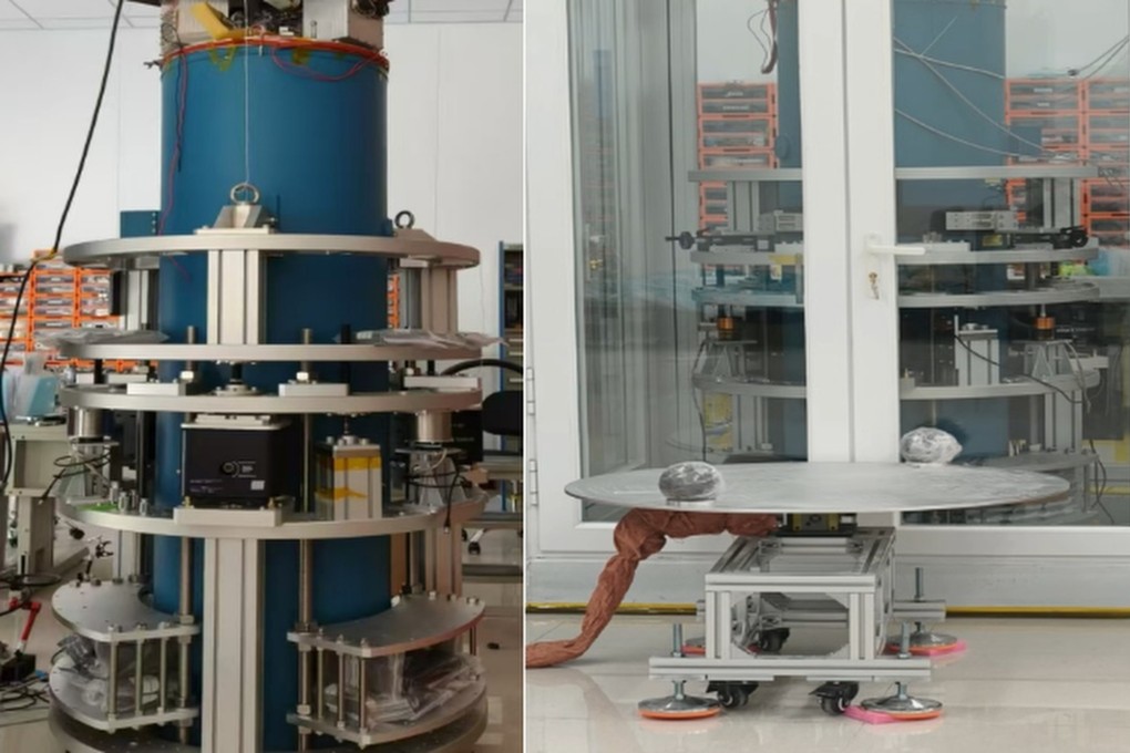 Caption: The superconducting weak force measurement system (left) and a test device built with two 10 kg spheres. Photo: CAS