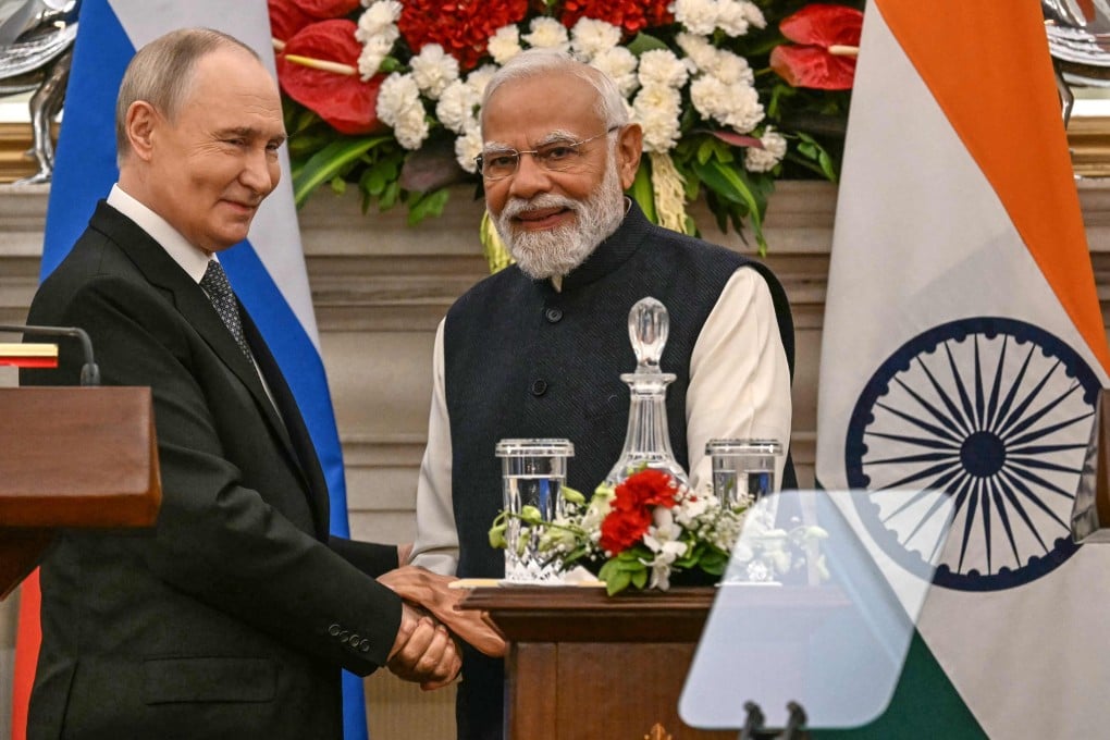 Russia’s President Vladimir Putin speaks with India’s Prime Minister Narendra Modi at the Hyderabad House in New Delhi in December. Photo: AFP