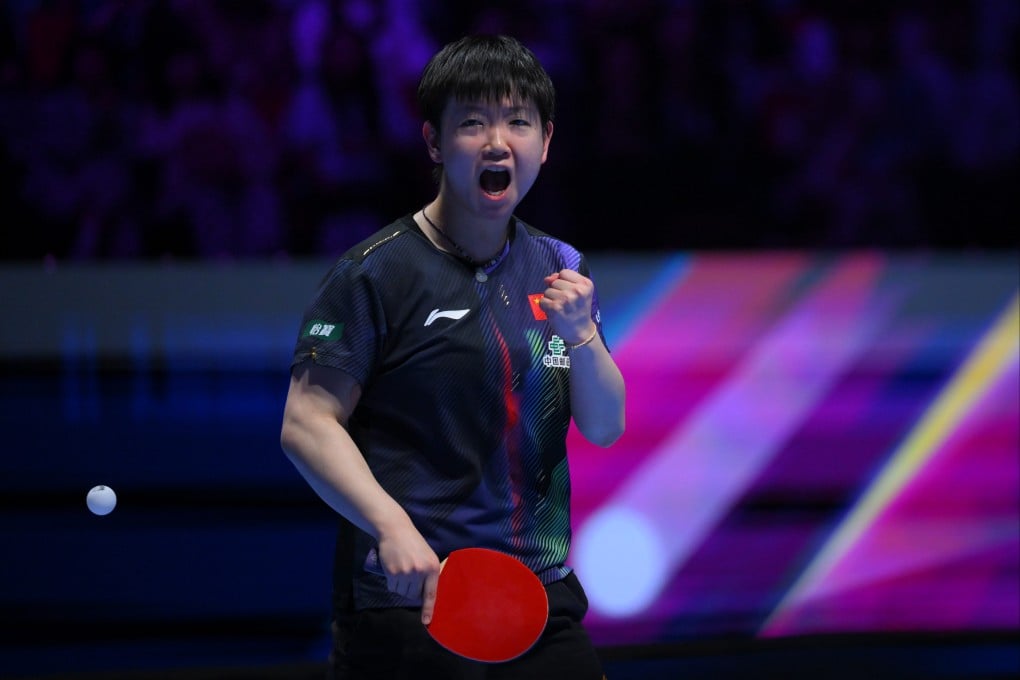 Sun Yingsha celebrates beating compatriot Wang Manyu in the women’s singles final at the ITTF World Cup in Macau. Photo: Xinhua