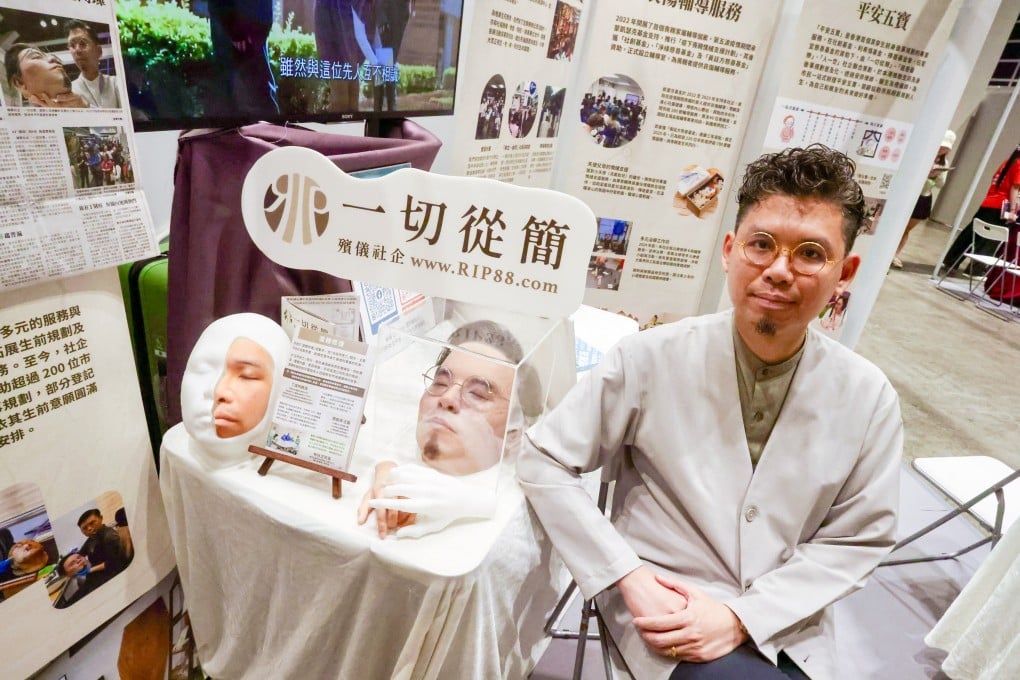 Minimal Funeral founder Pasu Ng in his booth at the retirement expo. Photo: Jonathan Wong