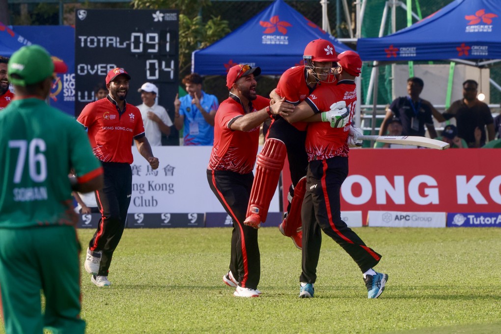 Hong Kong players celebrate their outrageous plate final victory over Bangladesh last year. Photo: Jonathan Wong