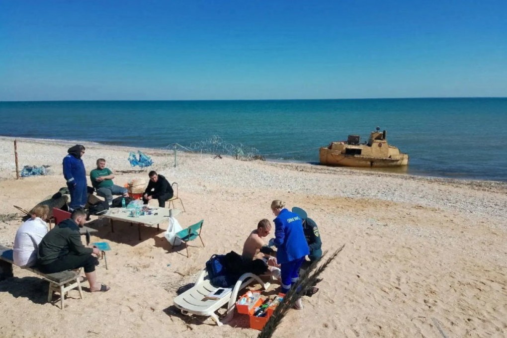 Rescued crew of the Volgo-Balt on Sunday. Photo: Vladimir Saldo/Telegram via Reuters