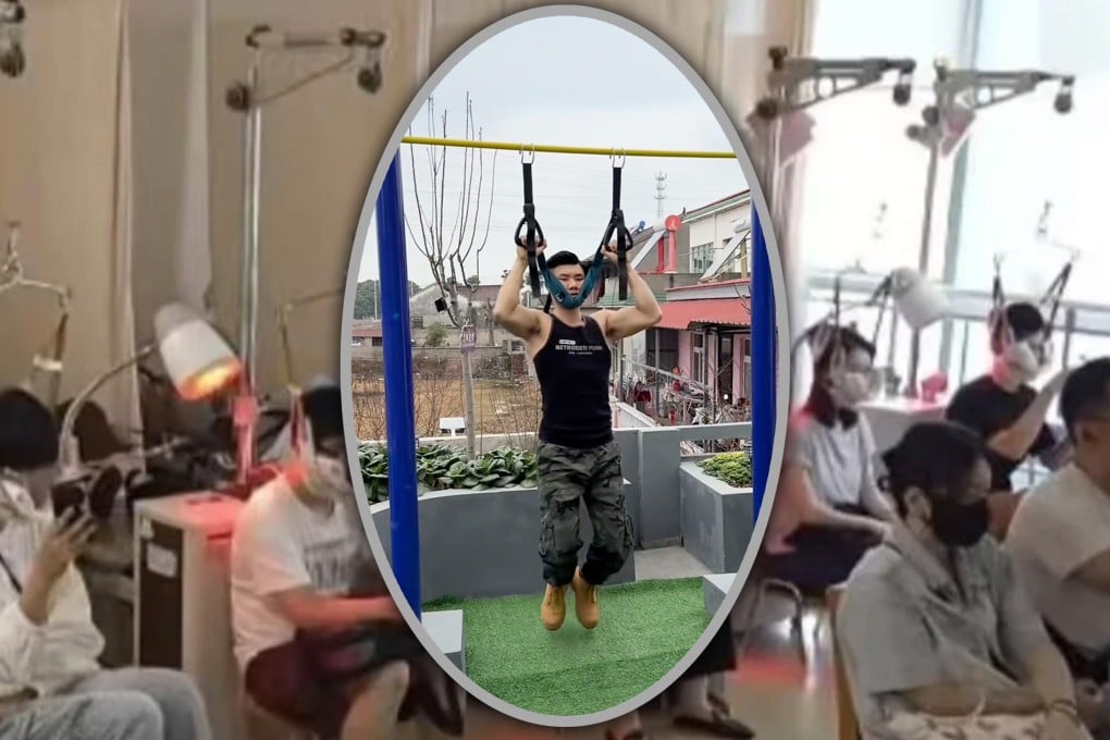 In a bid to replicate cervical traction therapy used in hospitals, a new trend called the “neck-hanging exercise” has emerged among young Chinese people. Photo: SCMP composite/RedNote