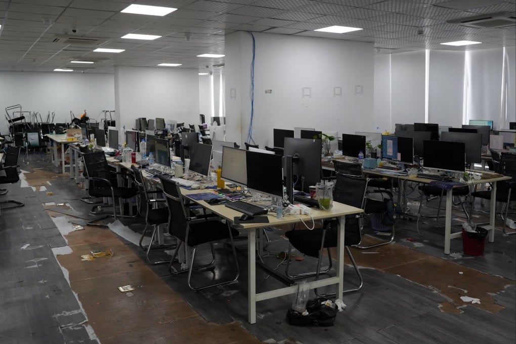 Computers and workstations seized by police during an online scam crackdown at a hotel in Phnom Penh, Cambodia, in March. Photo: Reuters