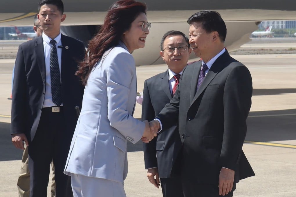KMT chairwoman Cheng Li-wun is greeted in Shanghai by Song Tao, director of the Taiwan Affairs Office. Photo: Handout