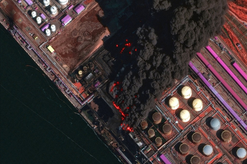 A satellite near-infrared image shows smoke rising from Russia’s Baltic port of Ust-Luga after a Ukrainian attack on March 27. Photo: Vantor via Reuters
