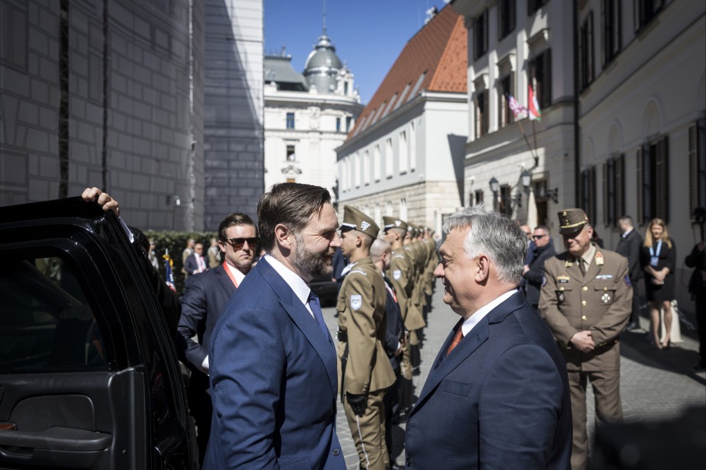 Hungarian Prime Minister Viktor Orban (right) welcomes US Vice-President J.D. Vance in front of his office in Budapest, Hungary on Tuesday. Photo: EPA
