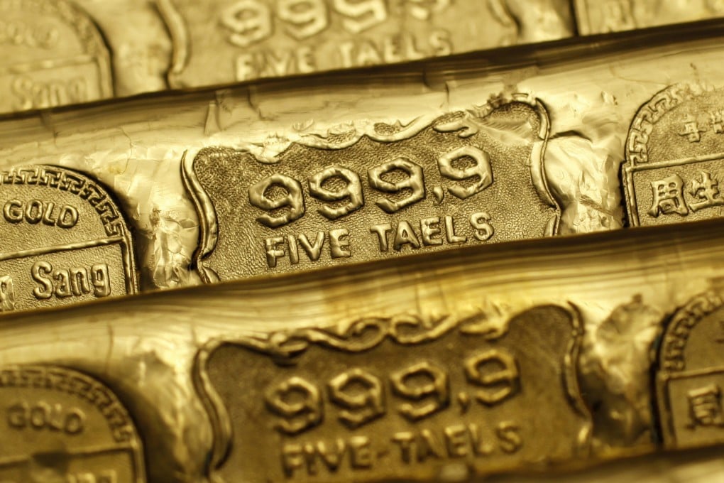 Five-tael (190 grams or 6.65 ounces) gold bars are seen at a jewellery store in Hong Kong as China is urged to become a global gold hub as Trump’s instability spooks central banks worldwide. Photo: Reuters