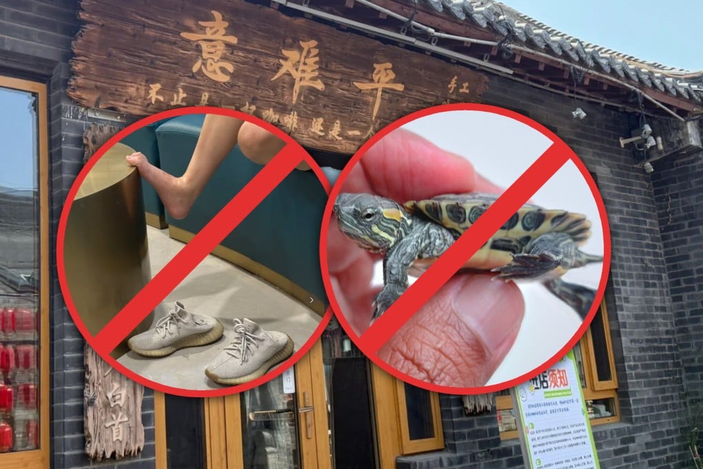A café in China has gone viral for its eccentric 700-character “entry rules” which prohibit everything from littering and wearing black stockings to stealing tiny turtles, smoking and playing cards. Photo: SCMP composite/Shutterstock/RedNote
