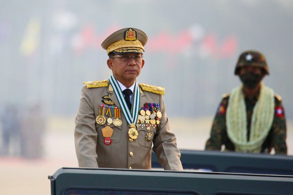Myanmar’s then junta chief Min Aung Hlaing attends an army parade in Naypyitaw in 2021. Photo: Reuters