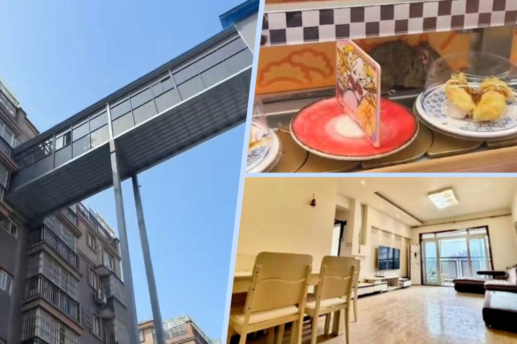 A haunted house in China has been auctioned three times; a residential lift serves only one floor and a sushi restaurant featured a “Mickey Mouse” on its conveyor belt. Photo: SCMP composite/Douyin/Weibo