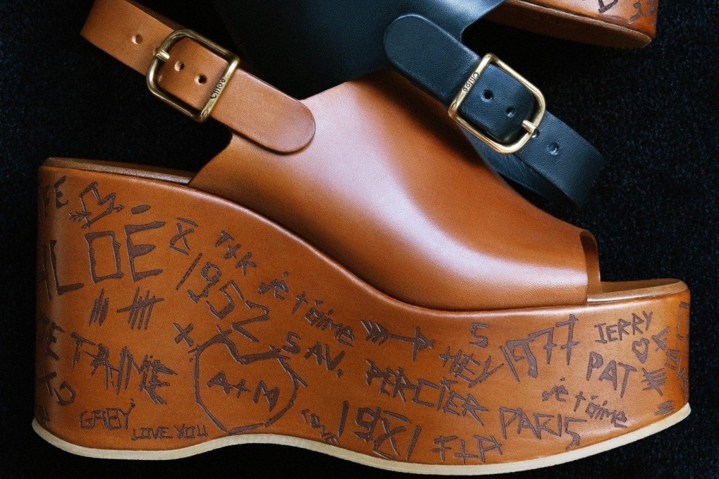 The wedge heels of Chloe’s Maxime sandals are carved with doodles. Wedge heels, popular in the 90s and noughties, are back. Photo: Instagram/Chloe