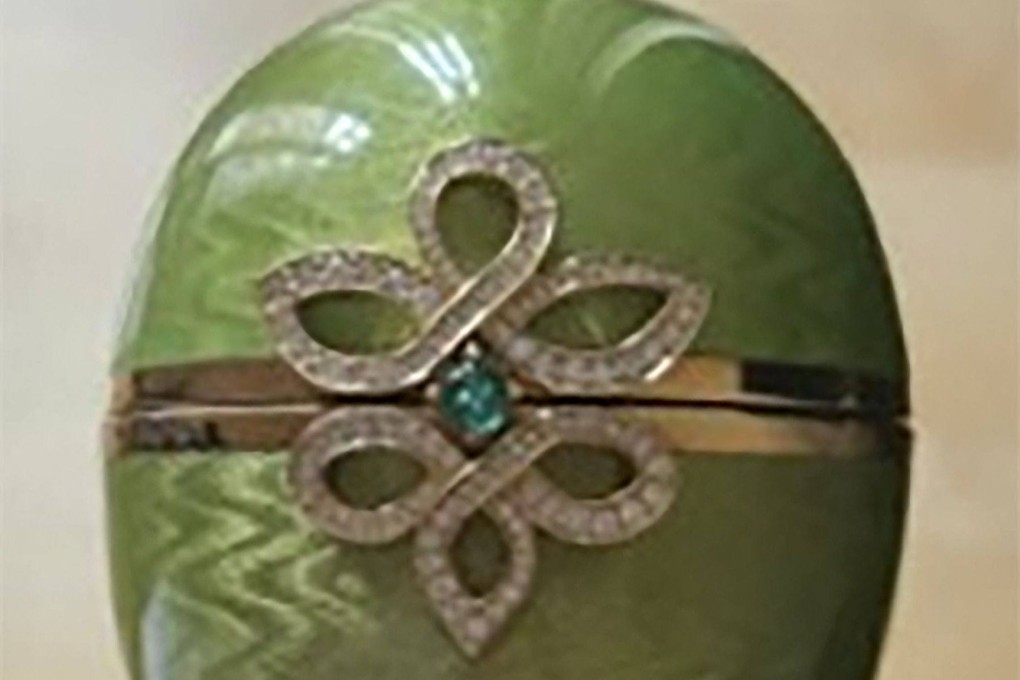 A green and gold, emerald-encrusted Faberge egg, which was stolen from a London pub in 2024. Photo: Metropolitan Police/AFP