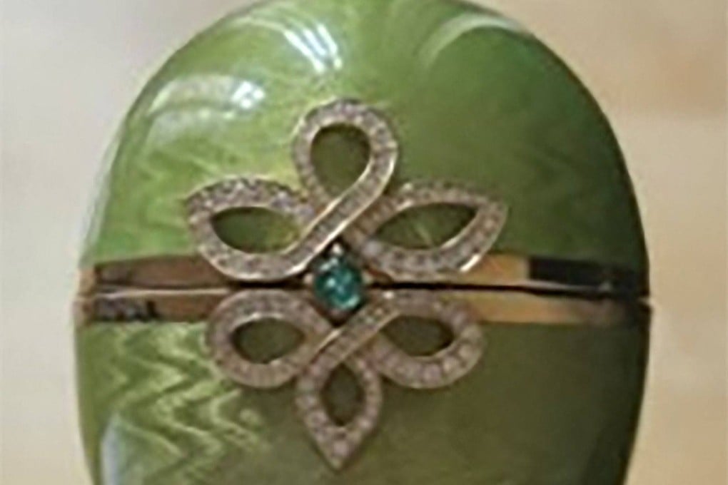A green and gold, emerald-encrusted Faberge egg, which was stolen from a London pub in 2024. Photo: Metropolitan Police/AFP