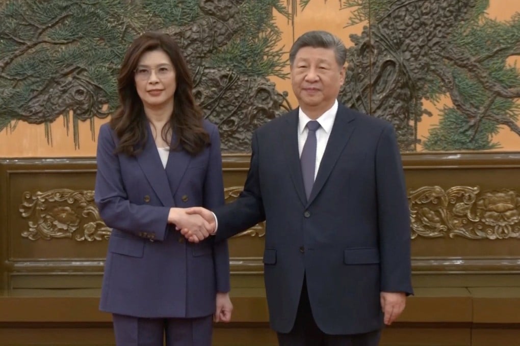 Communist Party leader Xi Jinping with Kuomintang chairwoman Cheng Li-wun at the Great Hall of the People in Beijing on Friday. Photo: CTI via Reuters