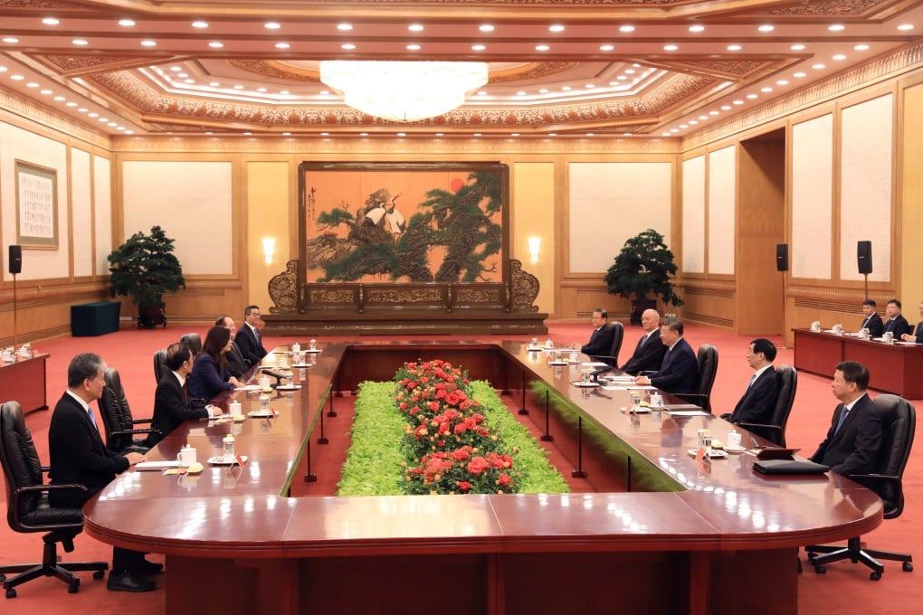 Taiwan’s main opposition Kuomintang chairwoman Cheng Li-wun (centre left) and Communist Party chief Xi Jinping (centre right) meet in Beijing on Friday. Photo: EPA