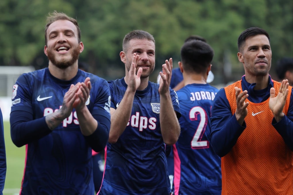 Matheus Dantas (left), Asier Illarramendi (centre) and Juninho celebrate a victory for Kitchee over Tai Po in January. Photo: Edmond So
