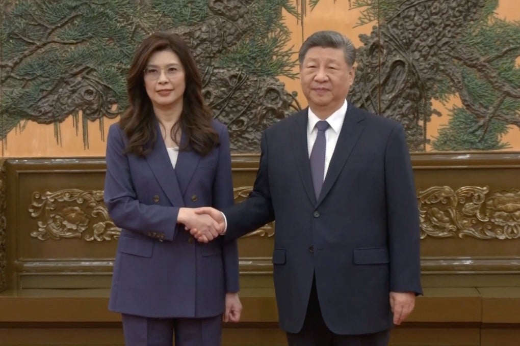 Cheng Li-wun, chairwoman of the Kuomintang, Taiwan’s largest opposition party, shakes hands with Chinese President Xi Jinping at the Great Hall of the People in Beijing, China, on April 10, in this screengrab from a video provided by CTI. Photo: CTI via Reuters