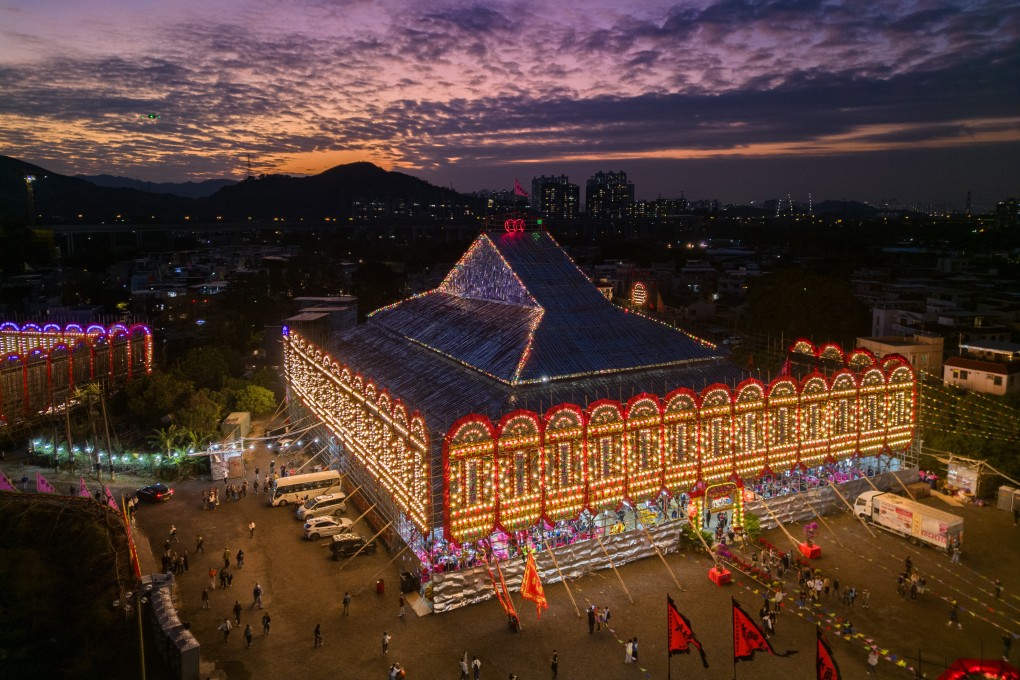 The Guinness record-setting bamboo pavilion built for the thanksgiving festival organised by the indigenous Tang clan of Kam Tin is lit up in Yuen Long on December 15, 2025. To improve the quality and diversity of mega-events in Hong Kong, unique local festivals could be included. Photo: Eugene Lee