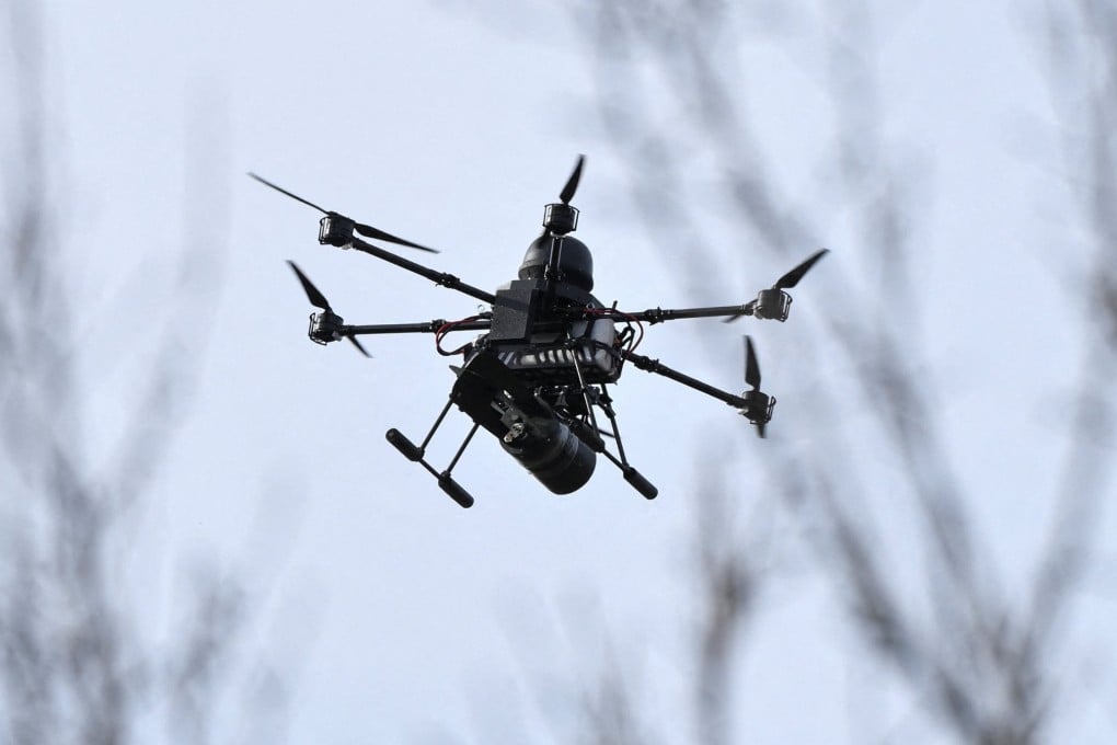 A drone of a Ukrainian regiment flies with an attached air bomb over a training ground in Zaporizhzhia last month, amid Russia’s attack on Ukraine. Photo: Reuters