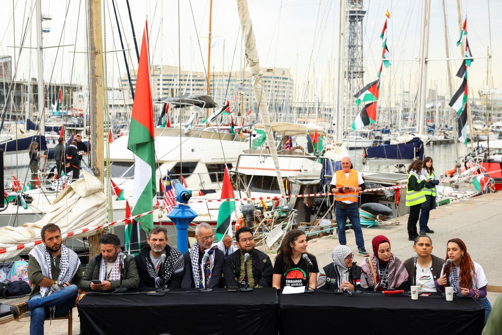 Global Sumud Flotilla Steering Committee members attend a press conference as the humanitarian flotilla prepares to depart for Gaza, from Barcelona, Spain, on Sunday. Photo: Reuters