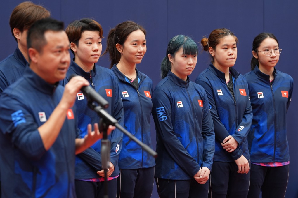 Hong Kong head coach Li Ching (left) talks to the media alongside players (from left) Doo Hoi-kem, Ng Wing-lam, Su Tsz-tung, Kong Tsz-lam and Karen Lee at Hong Kong Sports Institute. Photo: Eugene Lee