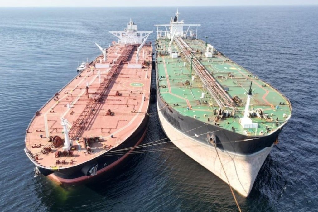 An illegal transfer of oil takes place between two tankers off Penang in December. Photo: Malaysian Maritime Enforcement Agency