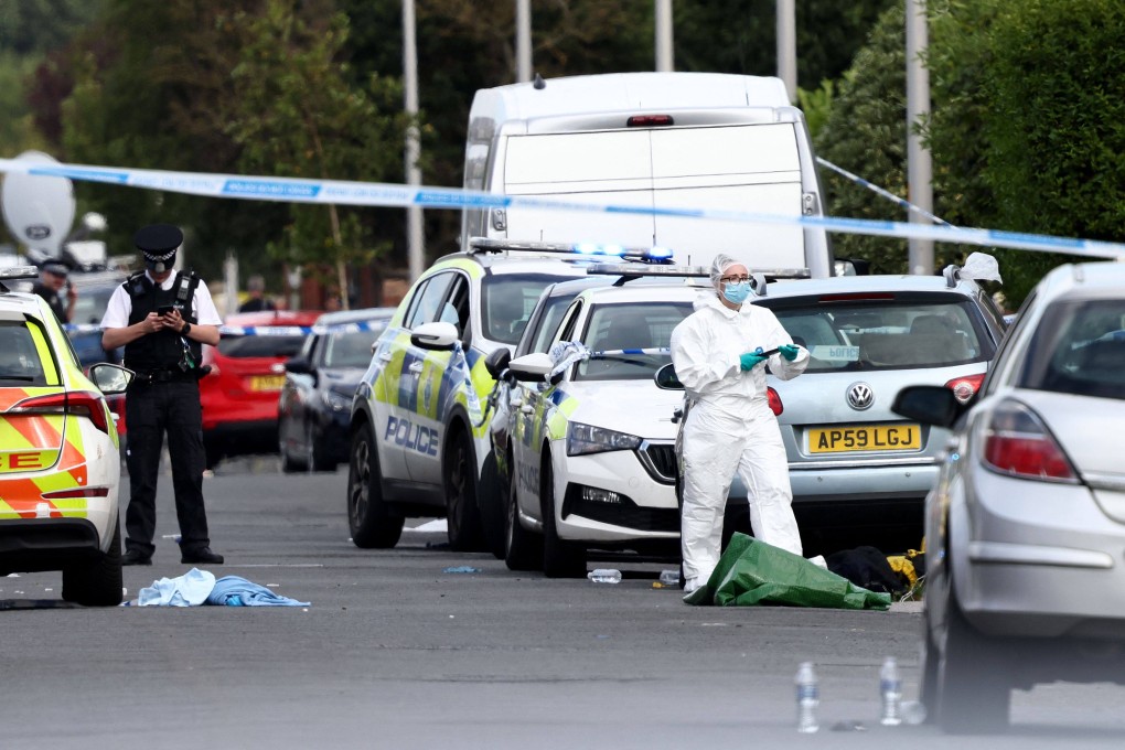 A crime cordon in Southport, England, in July 2024 following a knife attack by a teenager. Three little girls died and ten people were injured. Photo: AFP