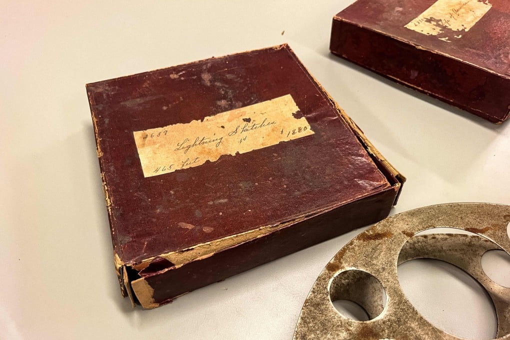 The box that previously housed Georges Melies’ 1897 silent film Gugusse and the Automaton, at the Packard Campus of the US Library of Congress’ National Audio-Visual Conservation Centre in Culpeper, in the US state of Virginia. Photo: AFP