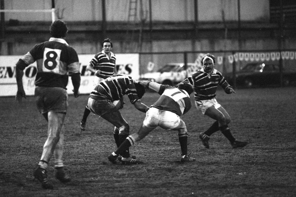 Hong Kong and Askeans RFC players in action during the final of the inaugural HKFC 10s on April 3, 1986. Photo: Sam Chan