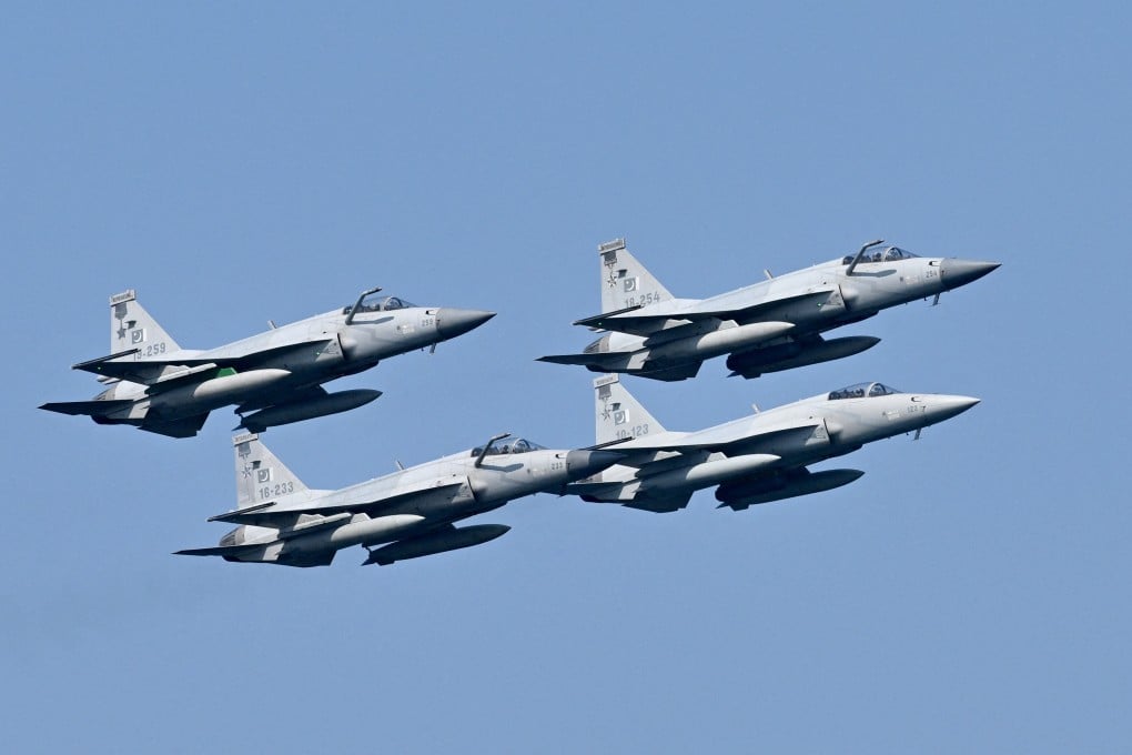 Pakistan Air Force’s JF-17 fighter jets fly past during a multinational naval exercise near Karachi in February 2025. Photo: AFP