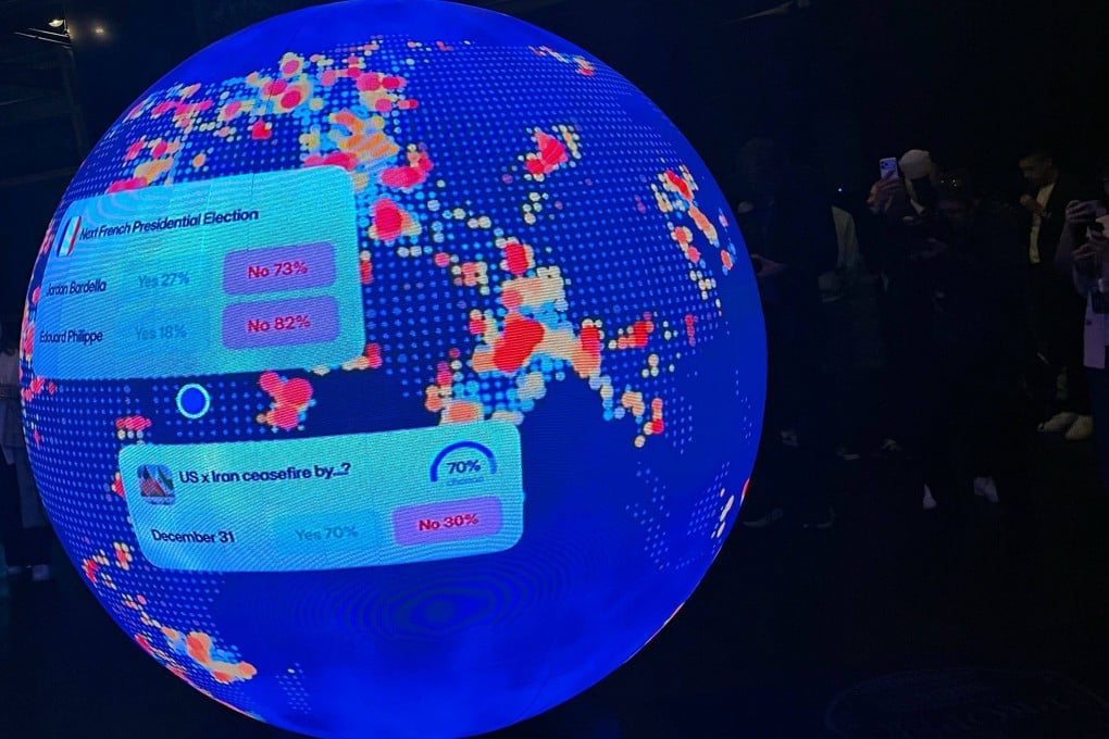 A spherical LED display on the premises of online prediction gaming platform Polymarket. Photo: AFP