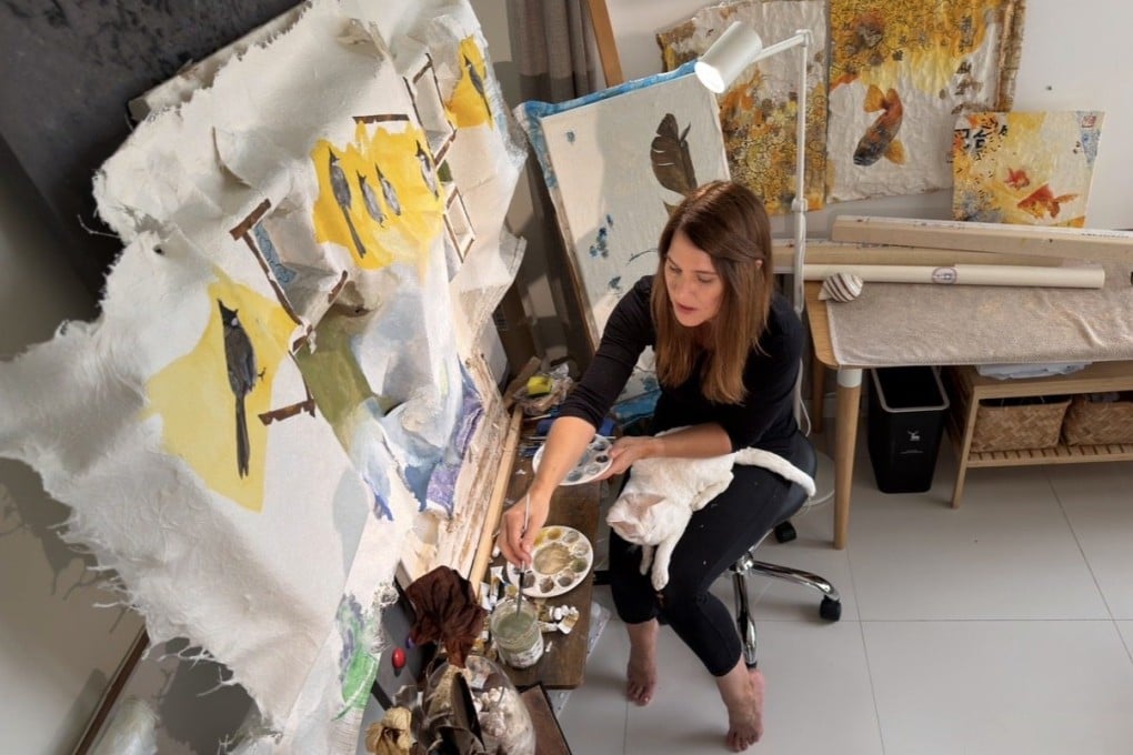 Nissa Kauppila at her home studio in Mui Wo on Hong Kong’s Lantau Island. The Vermont native, who recently became the first non-ethnic-Chinese practitioner accepted into the Hong Kong Artists Association, specialises in painting natural motifs on discarded materials. Photo: Nissa Kauppila