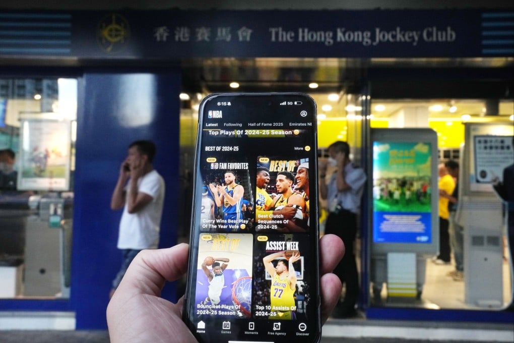 A screenshot of the NBA news website is juxtaposed against the Hong Kong Jockey Club betting branch in Shatin on September 11, 2025. Photo: Sam Tsang