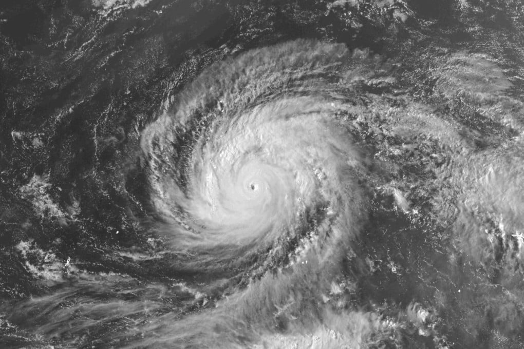 A satellite image provided by the National Oceanographic and Atmospheric Administration (NOAA) shows super typhoon Sinlakua in the Pacific Ocean on Monday. Photo: NOAA via AP