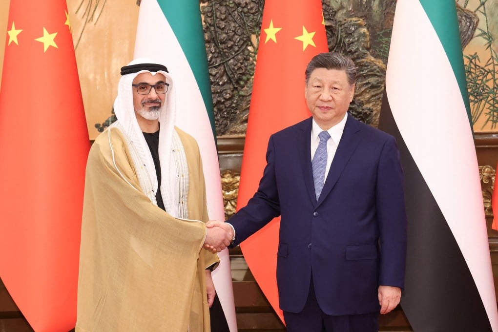 China’s President Xi Jinping welcomes Sheikh Khaled bin Mohamed bin Zayed Al Nahyan to Beijing on Tuesday. Photo: Reuters