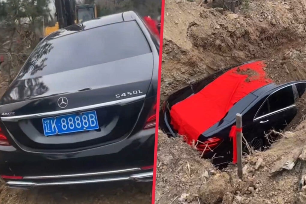 A Chinese family buried a real Mercedes-Benz with the auspicious license plate 8888 as an offering, which attracted significant attention. Photo: SCMP composite/Douyin