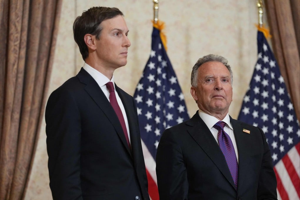 US President Donald Trump’s son-in-law Jared Kushner (L) and US Special Envoy to the Middle East Steve Witkoff (R) look on as Vice President JD Vance speaks at a news conference after meeting with representatives from Pakistan and Iran in Islamabad on Sunday. Photo: AFP