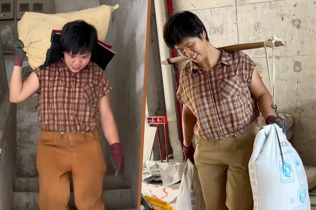 A 40-year-old single mother in China has inspired many with her strength, working at construction sites and carrying bags of cement for 16 years to support her child. Photo: SCMP composite/Douyin