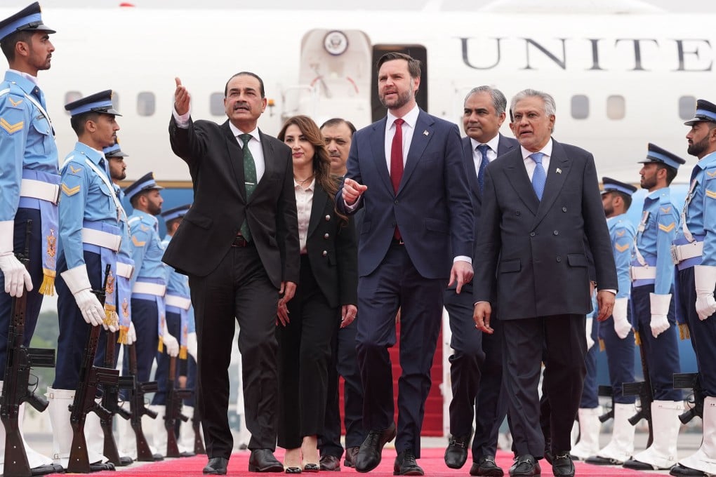 US Vice-President J.D. Vance (centre) walks with Pakistan’s Field Marshall Asim Munir (left) and Pakistani Foreign Minister Mohammad Ishaq Dar after arriving for talks with Iranian officials in Islamabad on Saturday. Photo: AFP/Getty Images/TNS