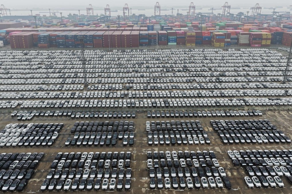 Cars awaiting export at the port in Nanjing, Jiangsu province, on Tuesday. Photo: AFP