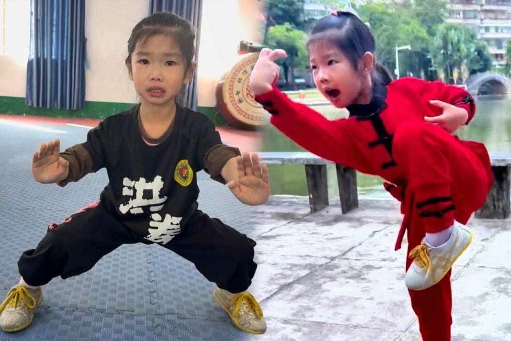 A five-year-old girl in China, who is trained by her father, is causing a stir online with her impressive martial arts skills. Photo: SCMP composite/Douyin