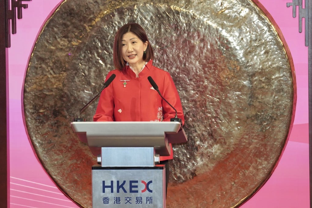 HKEX CEO Bonnie Chan Yiting speaks at the Chinese New Year Market Open Celebration at HKEX in Central, on February 20. Photo: Karma Lo